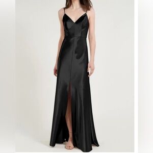 Jenny Yoo Dina sleeveless formal floor length Satin dress Black Wedding SZ 4